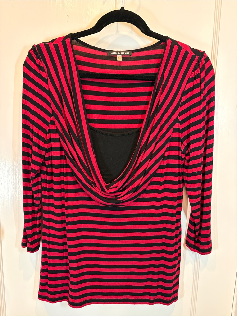 Cable & Gauge Pink and Black Striped Drape-Neck Long Sleeve Top BN103